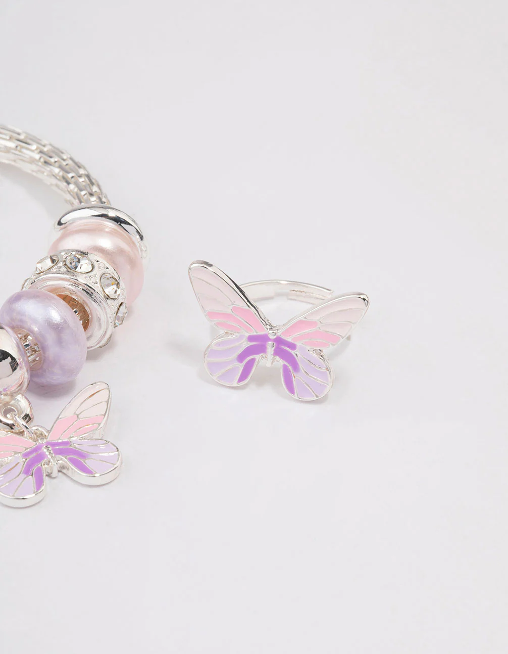Kids Silver Stretch Glitter Butterfly Bracelet & Ring Set - Image 3