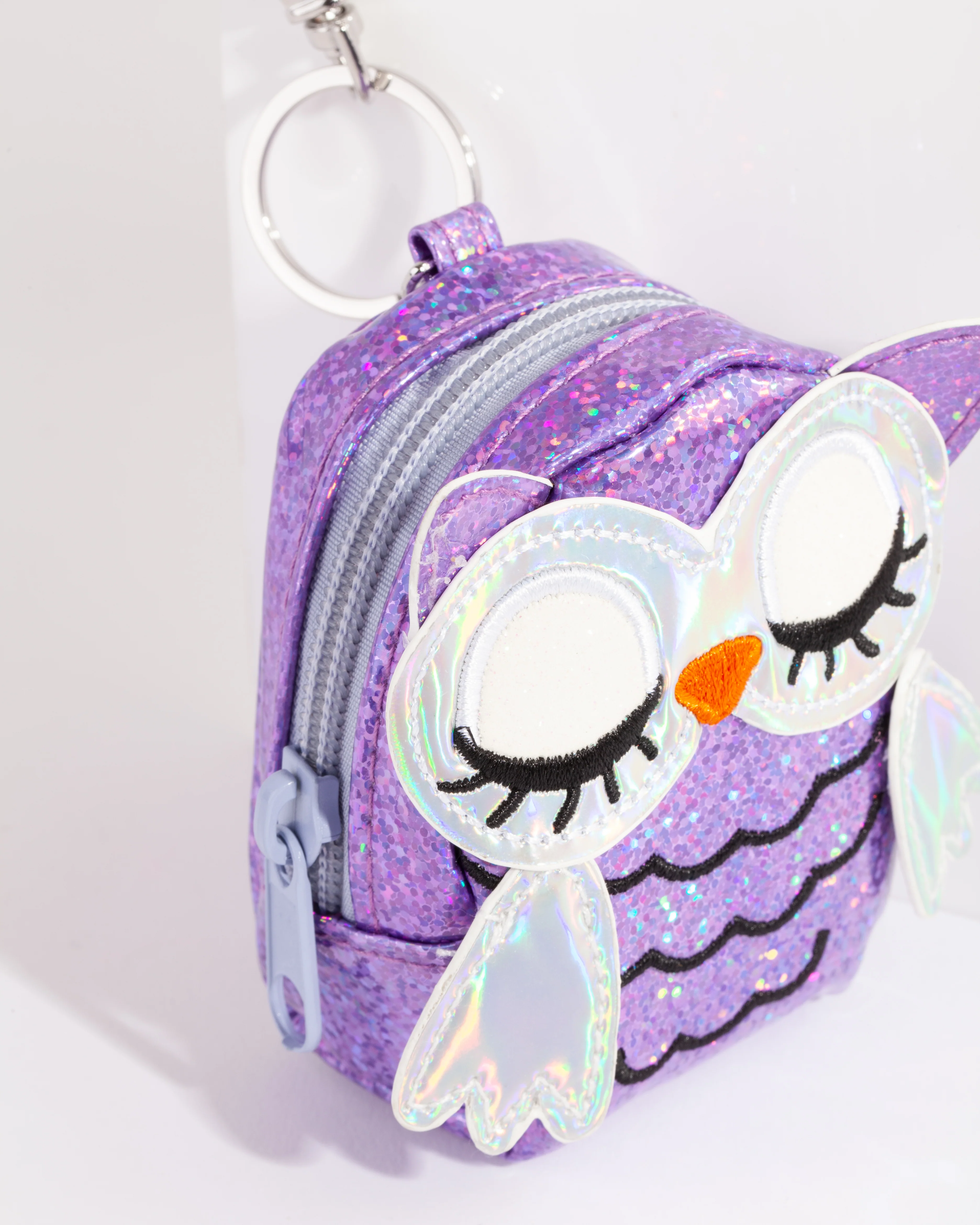 Kids Purple Iridescent Owl Purse Keyring - Image 3