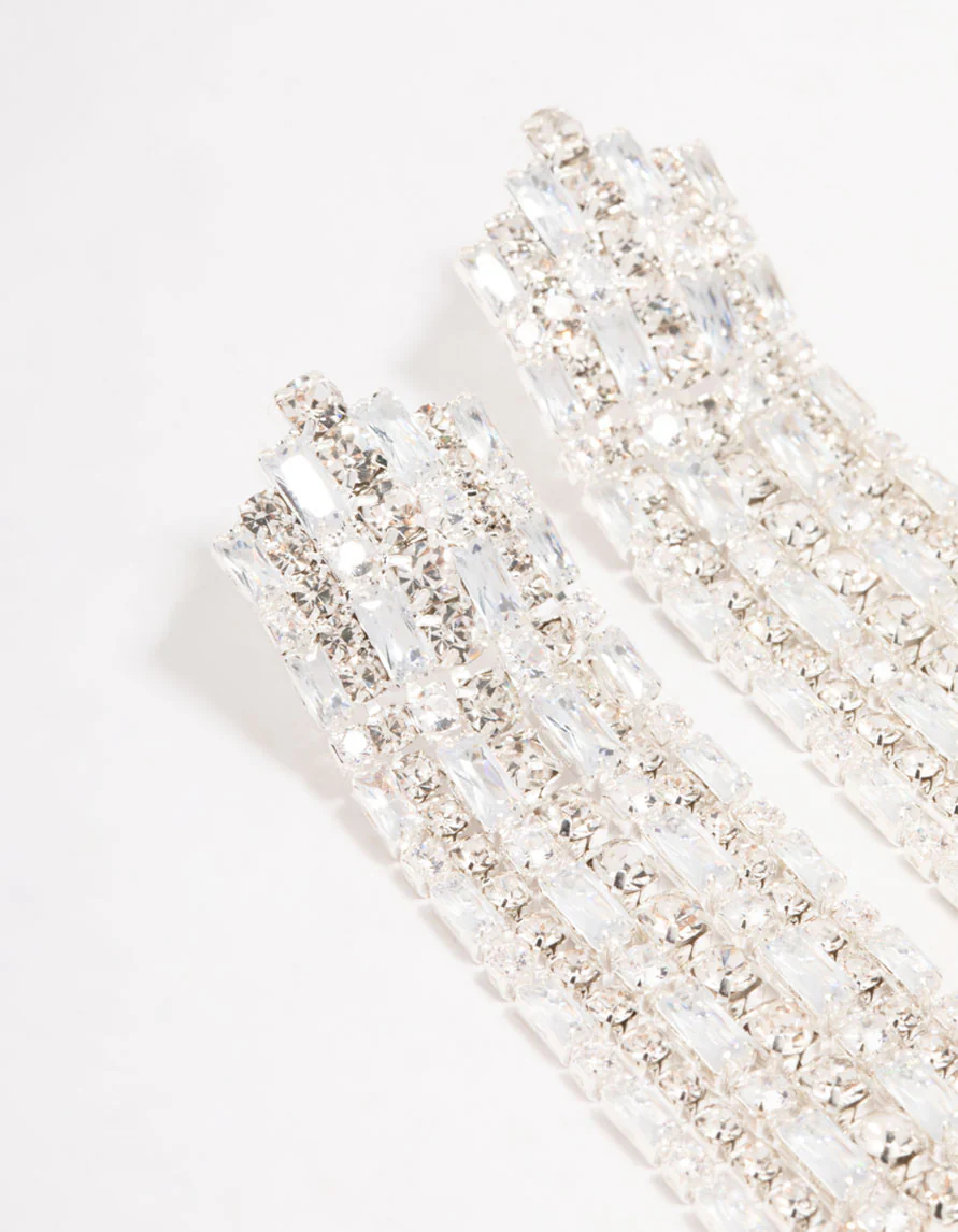 Silver Cubic Zirconia Cup Chain Silver Drop Earrings - Image 2