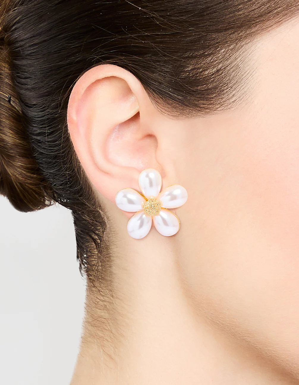 Large Gold Pearl Flower Stud Earrings - Image 2