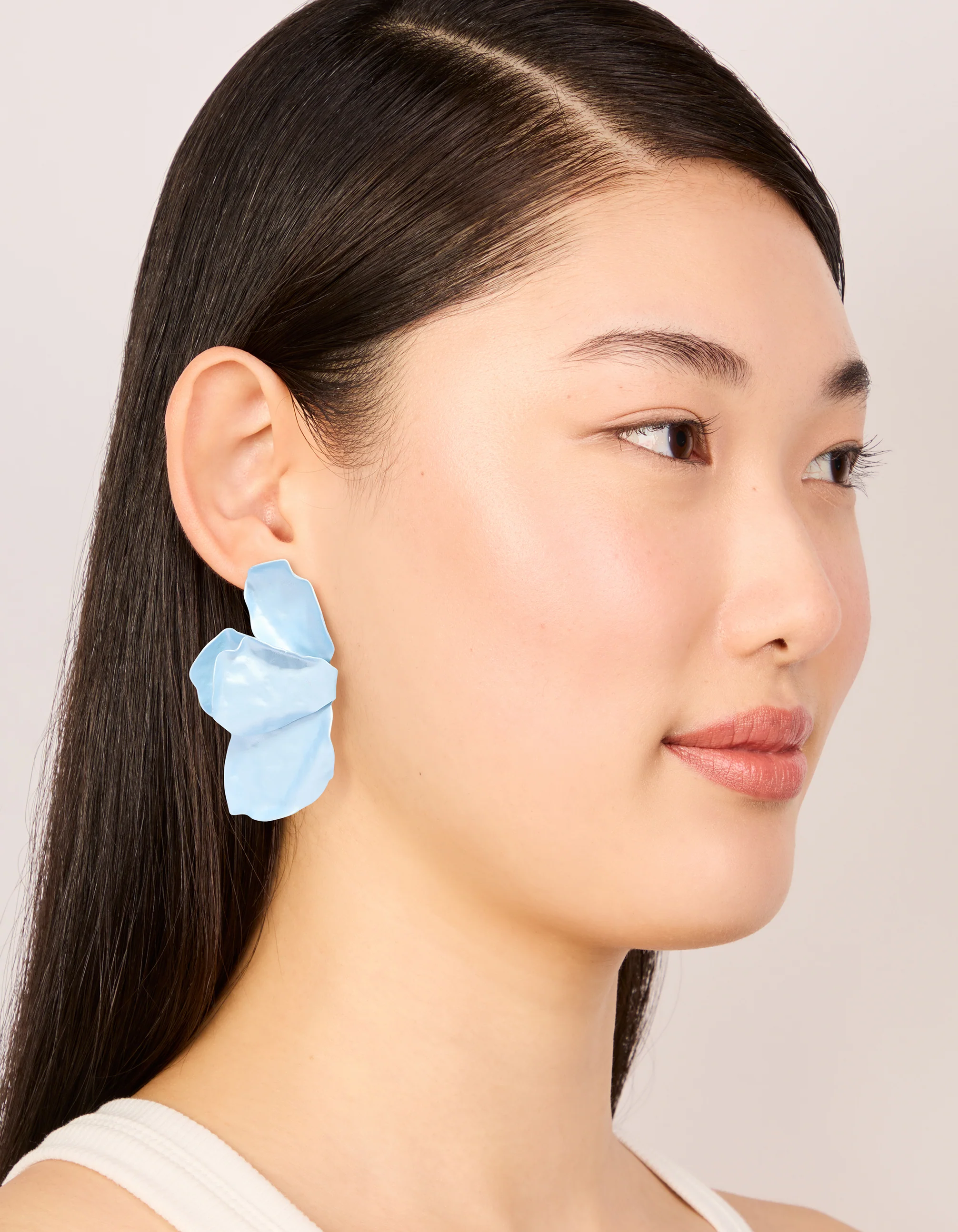 Light Blue Coated Metal Flower Petal Drop Earrings - Image 3