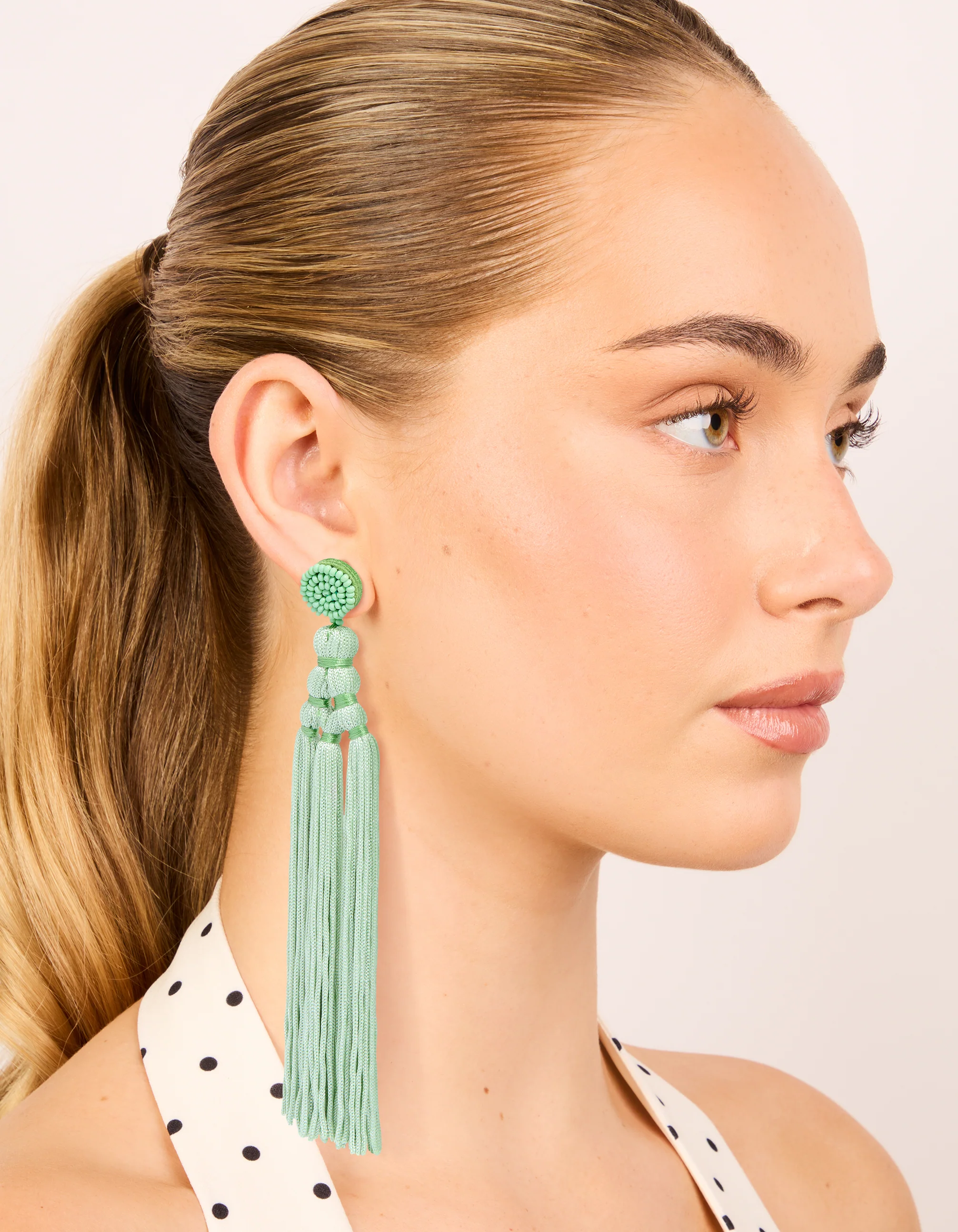 Light Green Fabric Tassel Drop Earrings - Image 3