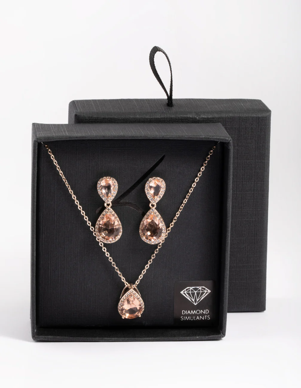Diamond Simulant Rose Gold Double Teardrop Necklace & Earring Set - Image 2