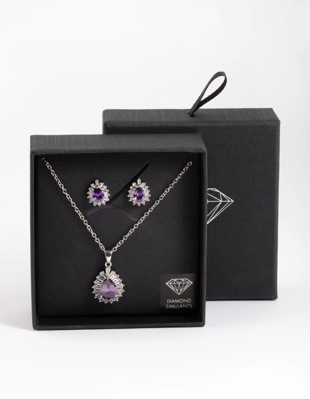 Diamond Simulant Silver Amethyst Teardrop Earring & Necklace - Image 2