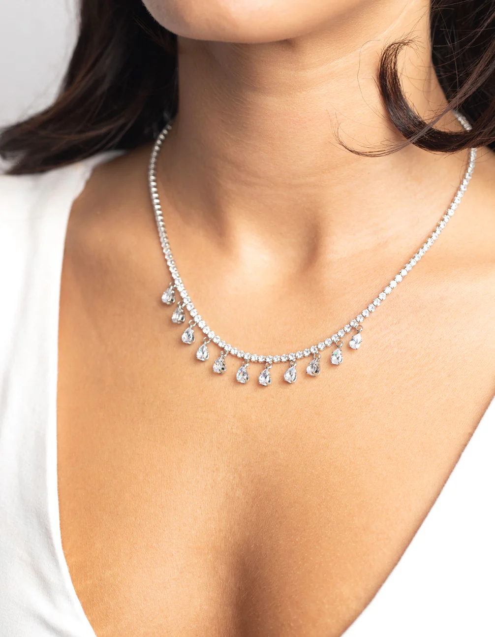 Silver Diamond Simulant Teardrop Necklace - Image 2