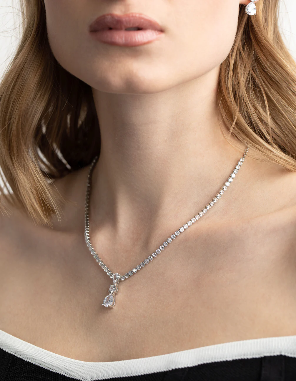 Silver Diamond Simulant Necklace & Earrings Set - Image 2