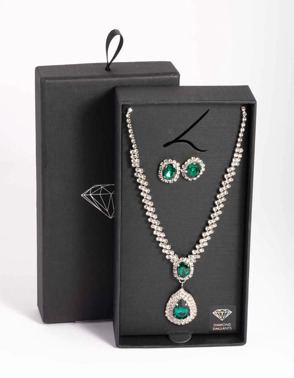 Silver Diamond Simulant Emerald Necklace & Earrings Set - Image 3