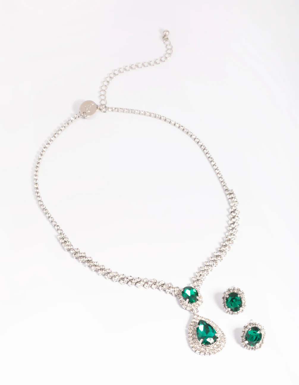 Silver Diamond Simulant Emerald Necklace & Earrings Set - Image 4