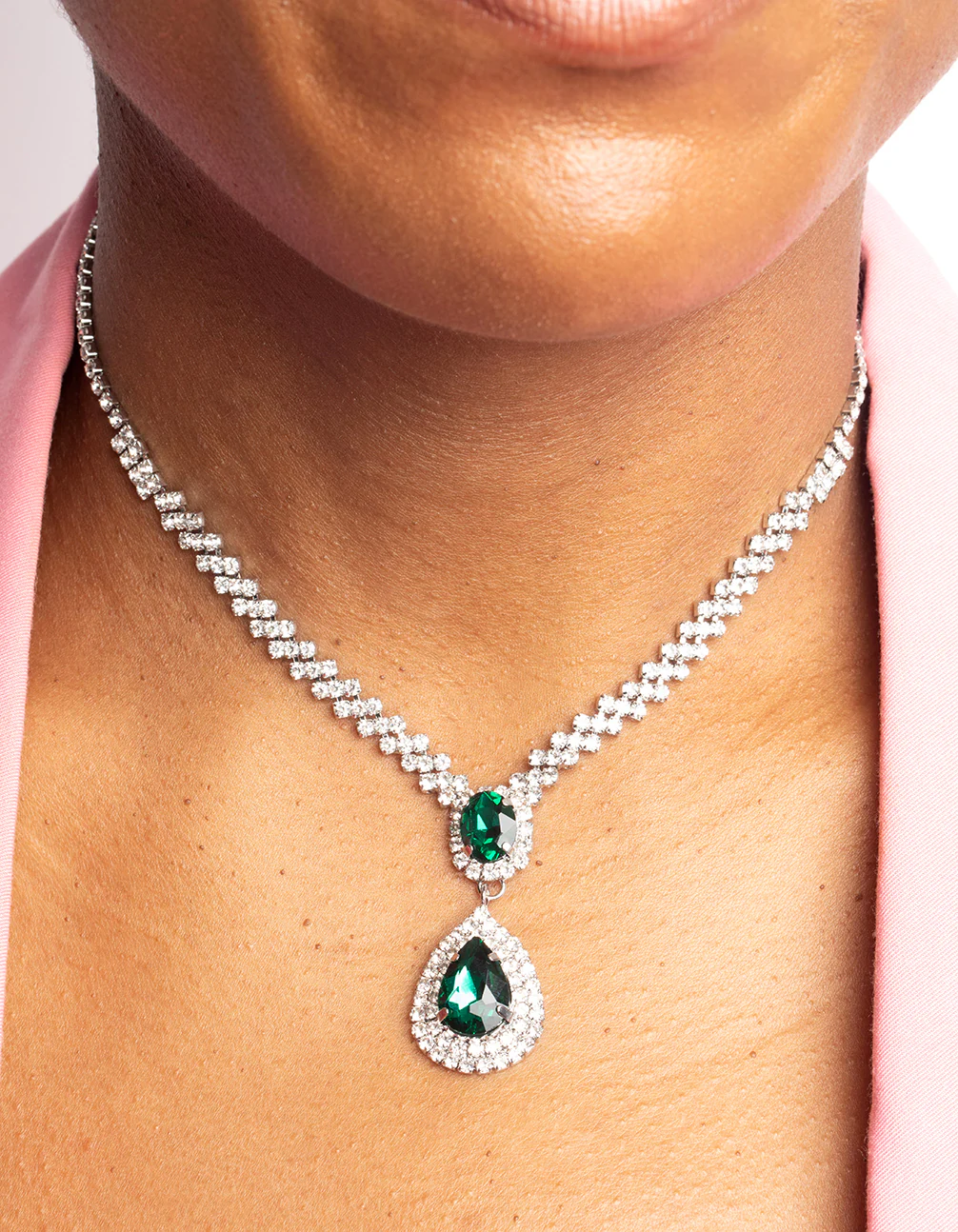 Silver Diamond Simulant Emerald Necklace & Earrings Set - Image 5