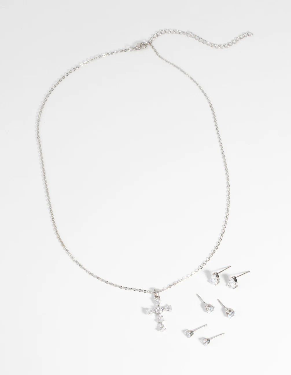 Rhodium Diamond Simulant Cross Necklace & Earrings Set - Image 2