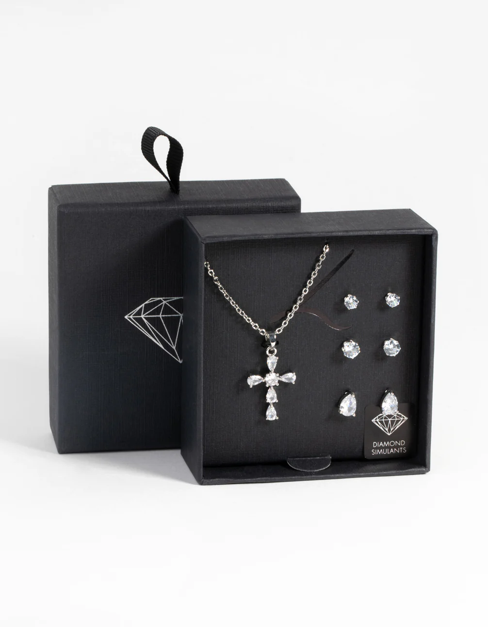 Rhodium Diamond Simulant Cross Necklace & Earrings Set - Image 3