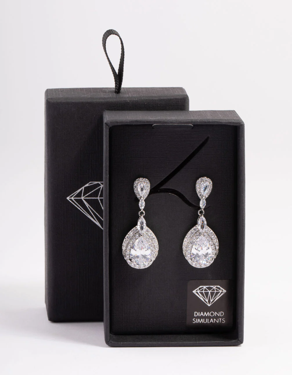 Silver Diamond Simulant Detail Pear Drop Earrings - Image 3