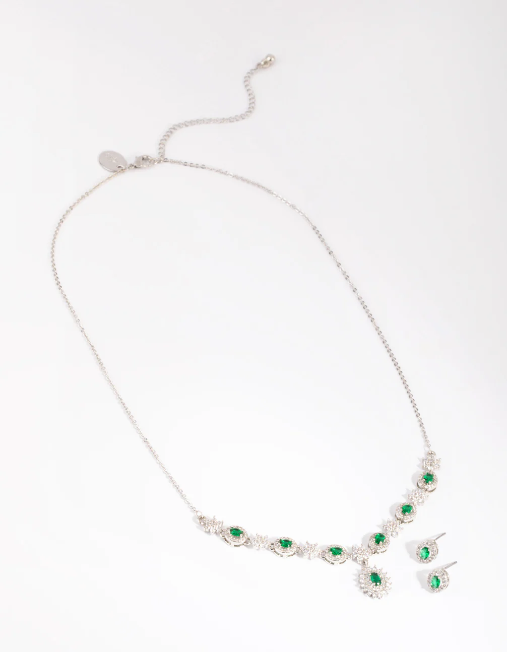 Silver Emerald Diamond Simulant Necklace & Earring Set - Image 2