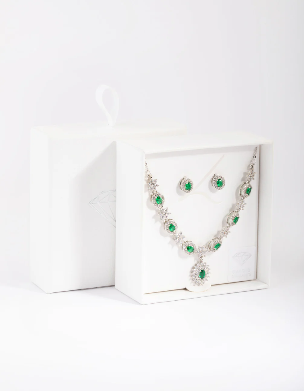 Silver Emerald Diamond Simulant Necklace & Earring Set - Image 3