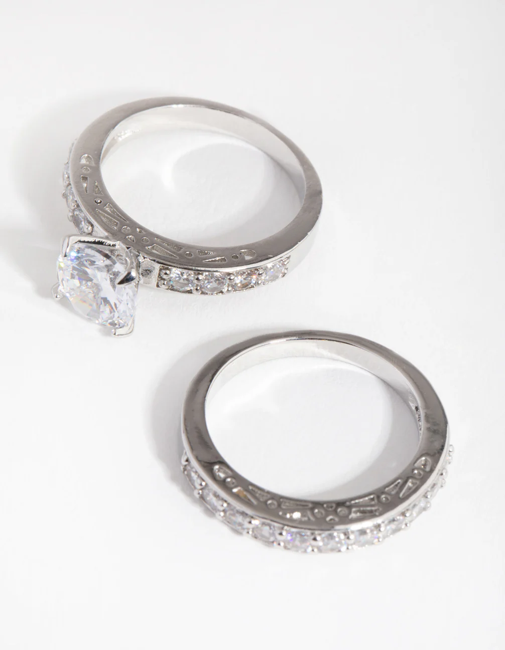 Silver Diamond Simulant Engagement & Wedding Pack Rings - Image 2