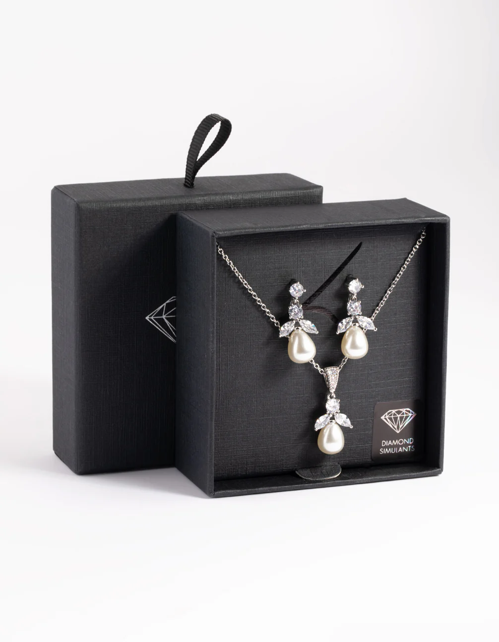 Silver Diamond Simulant Flower Pearl Necklace & Earrings Set - Image 3