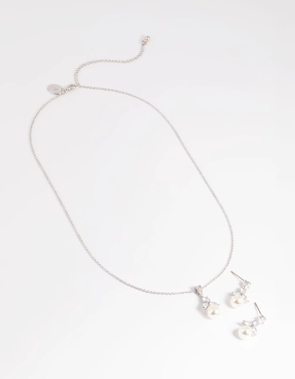 Silver Diamond Simulant Flower Pearl Necklace & Earrings Set - Image 4