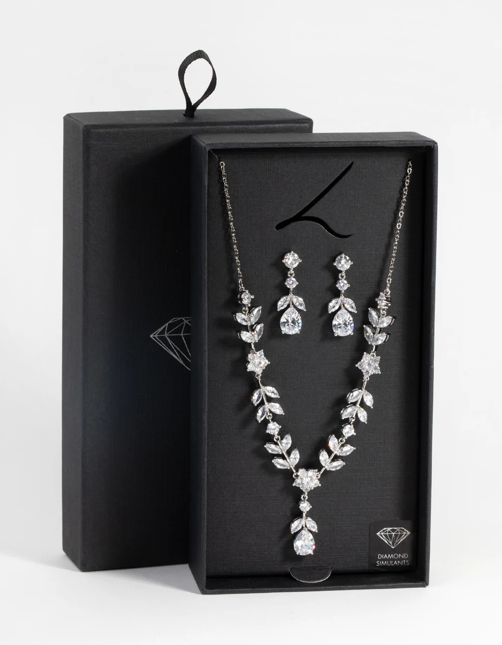 Silver Diamond Simulant Floral Necklace & Earrings Set - Image 3