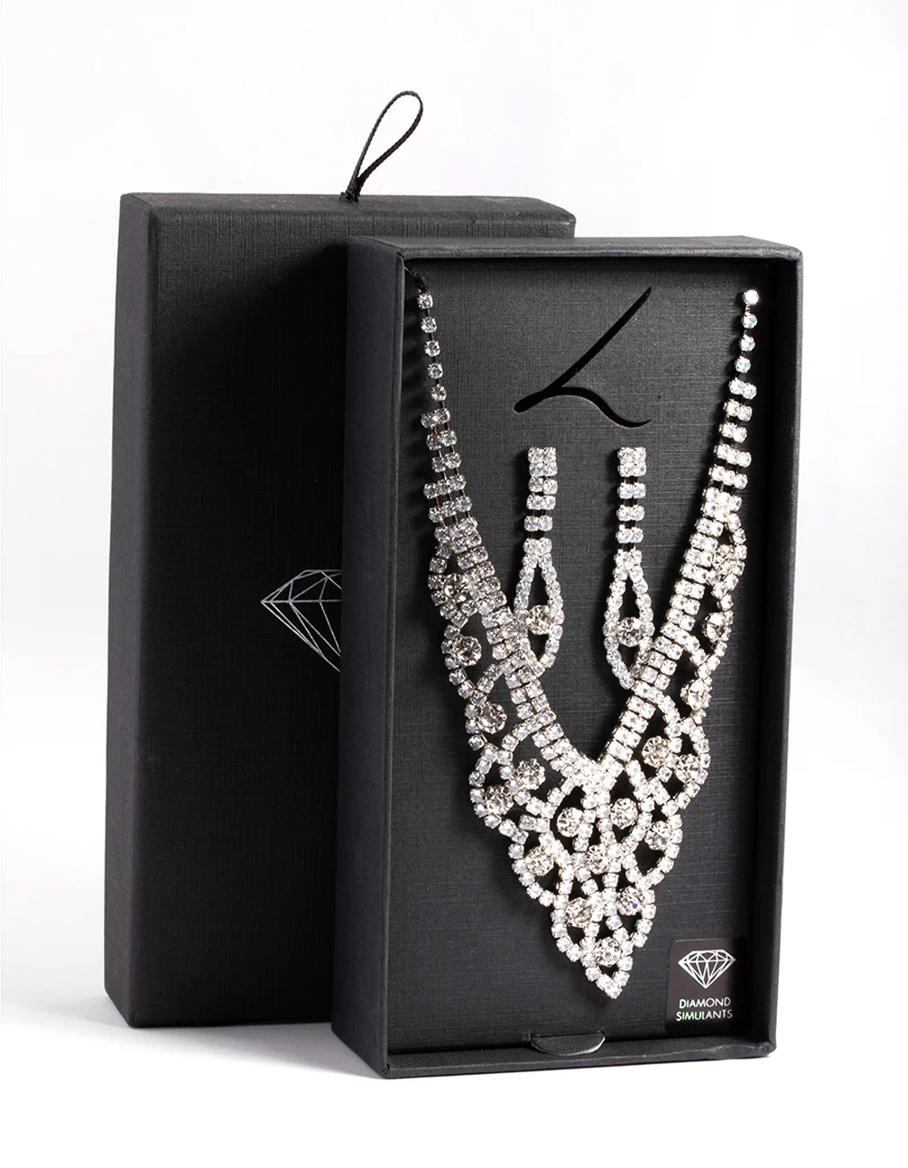 Diamond Simulants Silver Fancy Statement Earrings & Necklace Set - Image 2