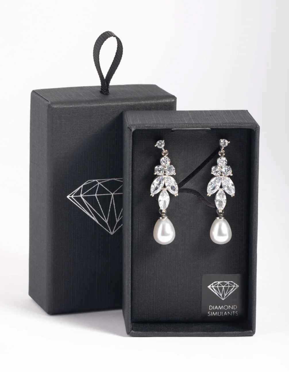 Silver Diamond Simulant Marquise Pearl Drop Earrings - Image 2