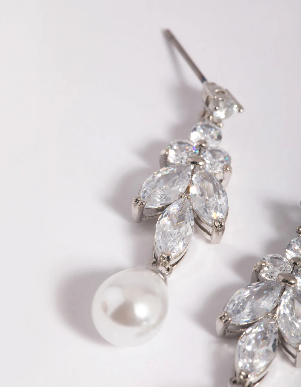 Silver Diamond Simulant Marquise Pearl Drop Earrings - Image 3