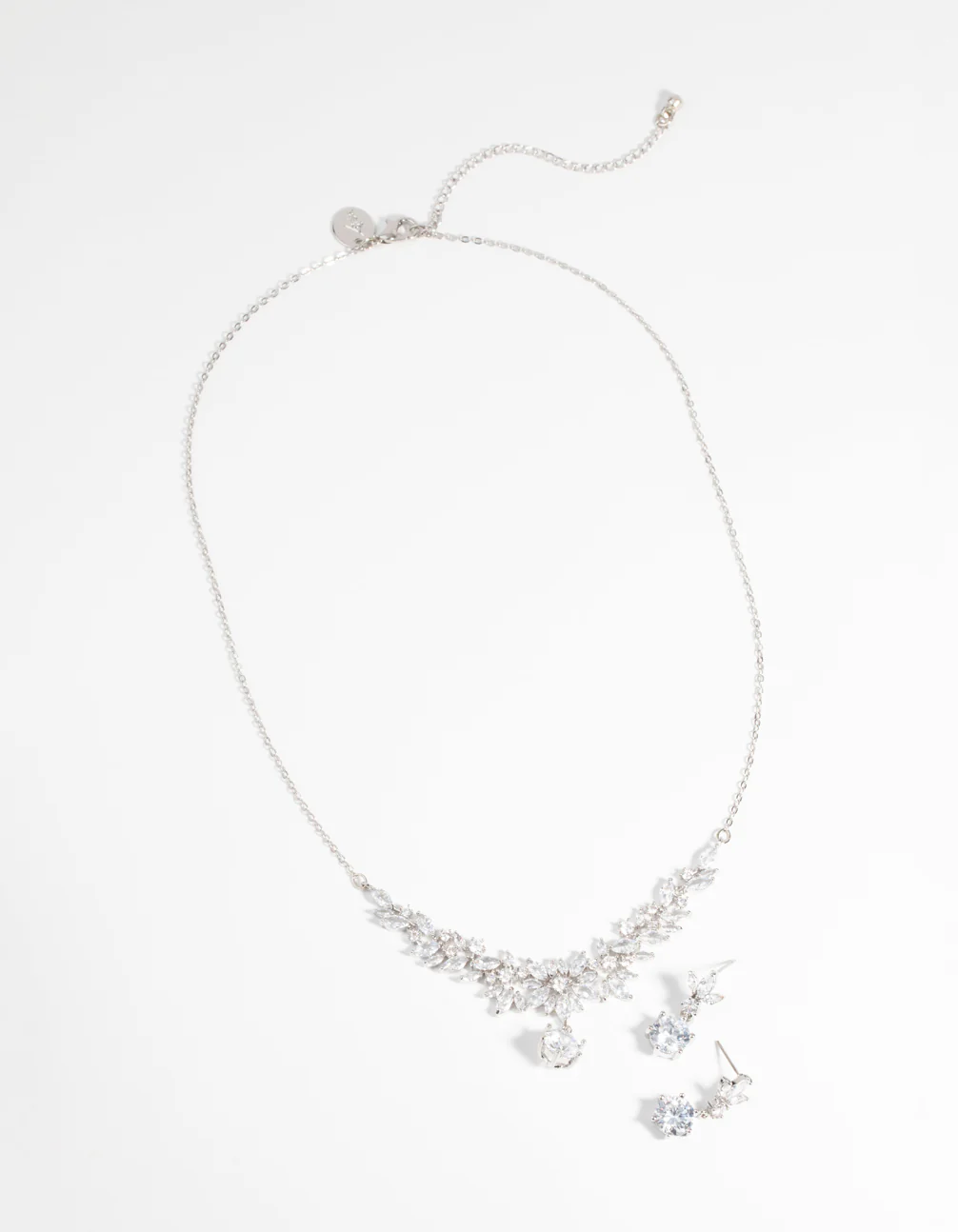 Silver Diamond Simulant Navette Necklace & Earrings Set - Image 2