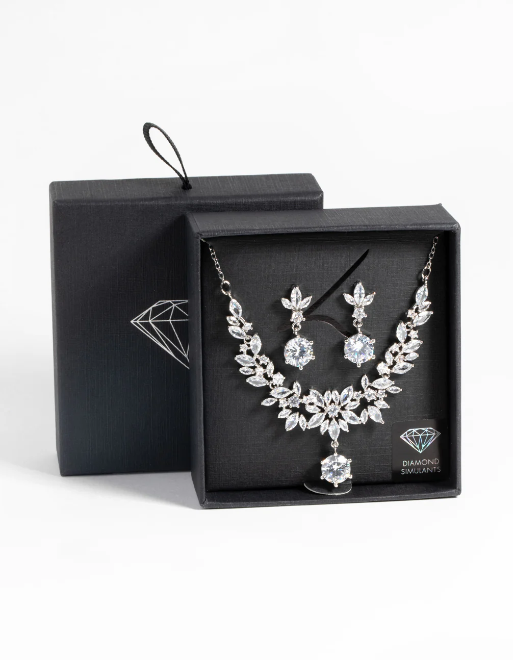 Silver Diamond Simulant Navette Necklace & Earrings Set - Image 3
