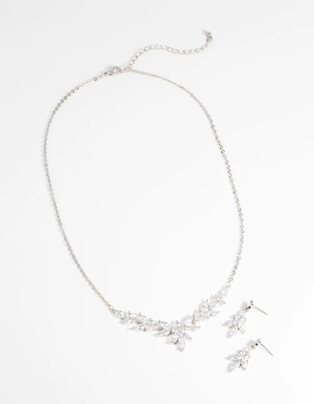 Silver Diamond Simulant Navette Necklace & Earrings Set - Image 2