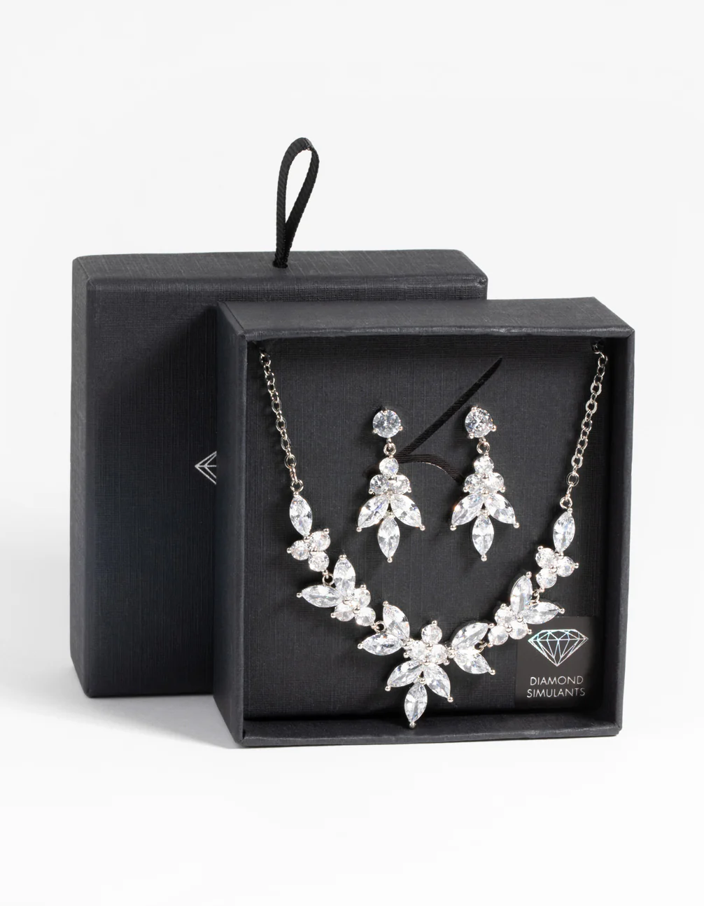 Silver Diamond Simulant Navette Necklace & Earrings Set - Image 3