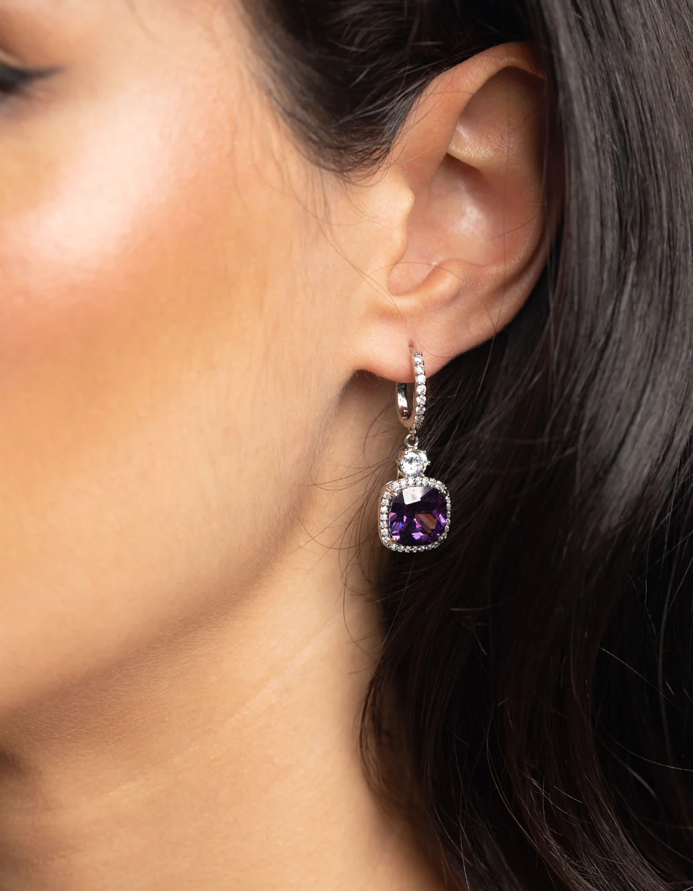 Purple Diamond Simulant Huggie Hoop Earrings - Image 2