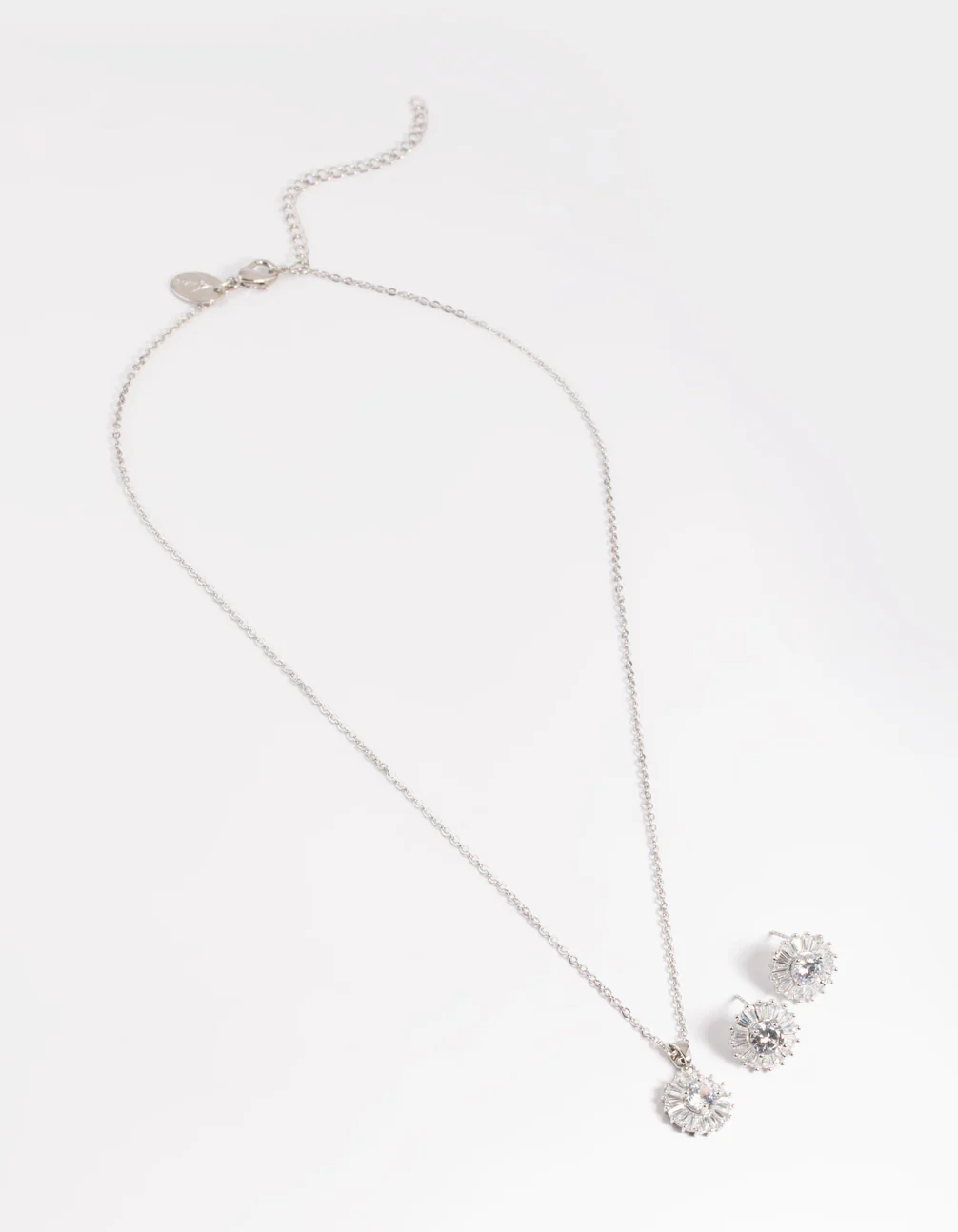 Rhodium Diamond Simulant Halo Studs & Necklace - Image 2