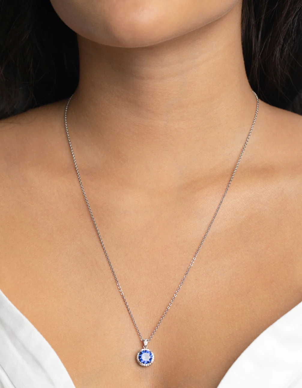 Diamond Simulant Sapphire Halo Necklace - Image 2