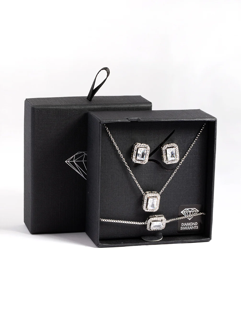 Silver Diamond Simulant Square Halo Jewellery Set - Image 2