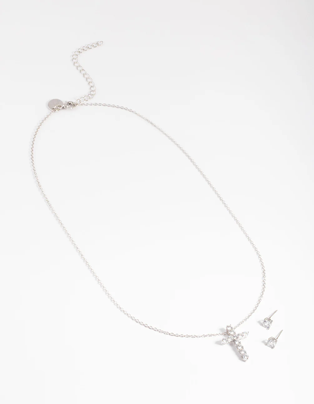 Rhodium Diamond Simulant Stud & Cross Necklace Set - Image 3