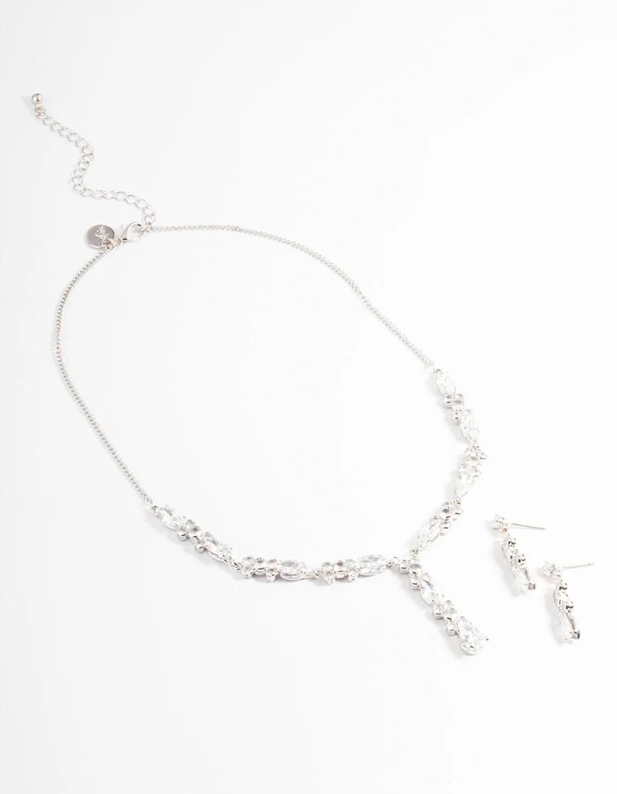 Diamond Simulants Silver Statement Drop Earrings & Necklace Set - Image 2