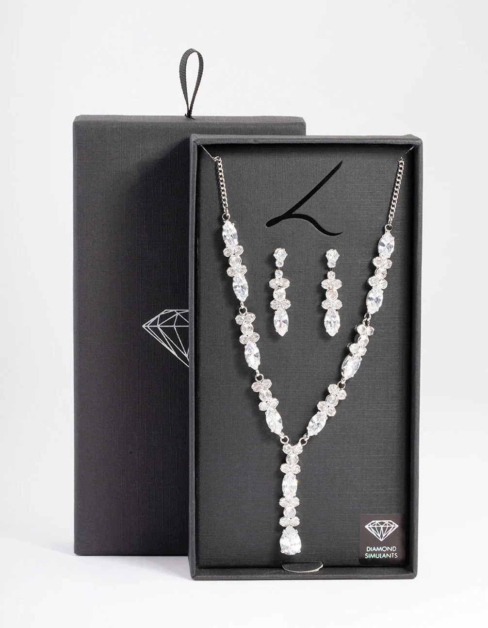 Diamond Simulants Silver Statement Drop Earrings & Necklace Set - Image 3