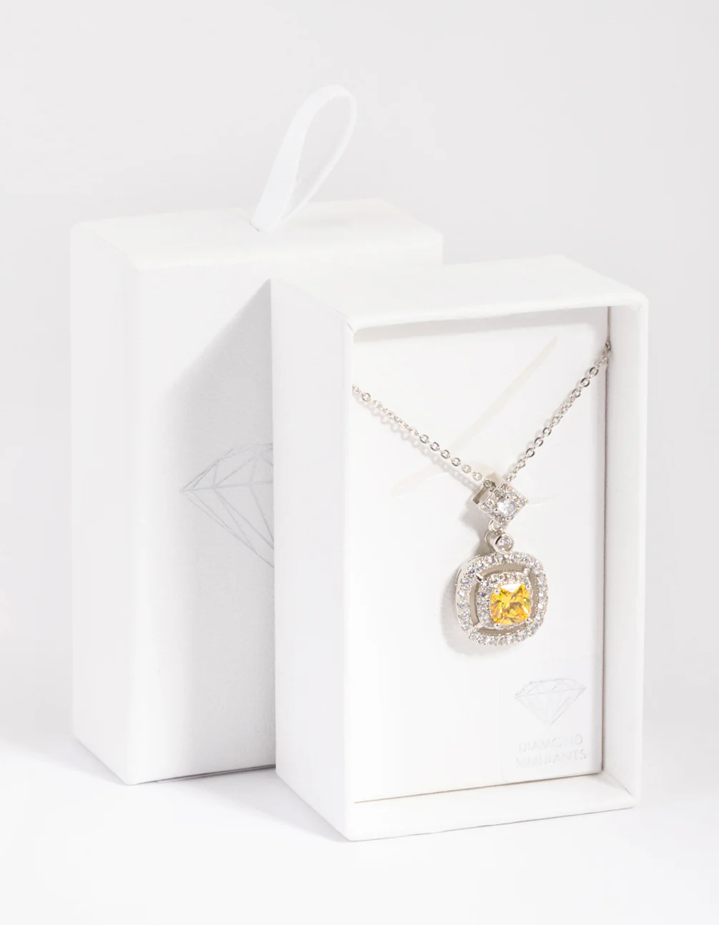 Silver Yellow Diamond Simulant Square Pendant Necklace - Image 3