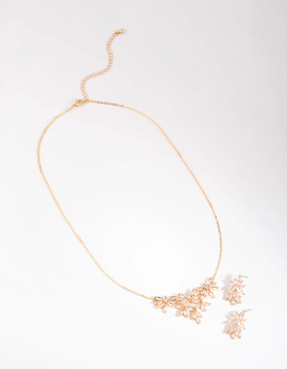 Gold Diamond Simulant Navette Flower Necklace & Earring Set - Image 2