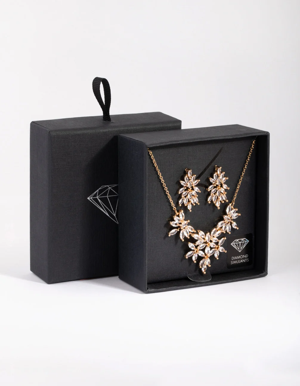 Gold Diamond Simulant Navette Flower Necklace & Earring Set - Image 3