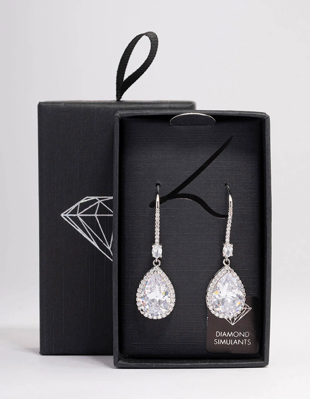 Silver Cubic Zirconia Pear Diamante Hook Drop Earrings - Image 3