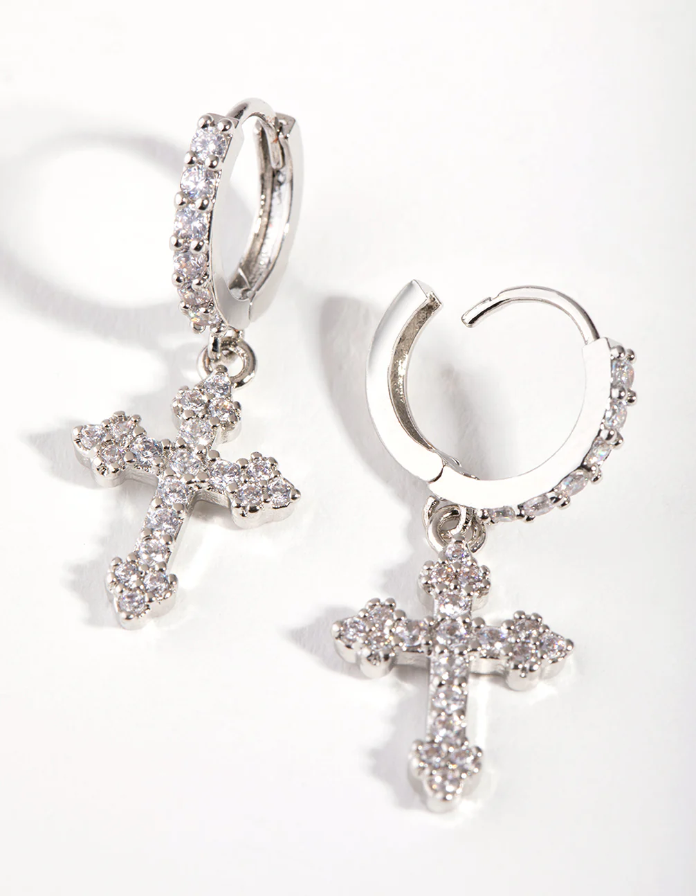 Silver Diamond Simulant Cross Huggie Earrings - Image 2