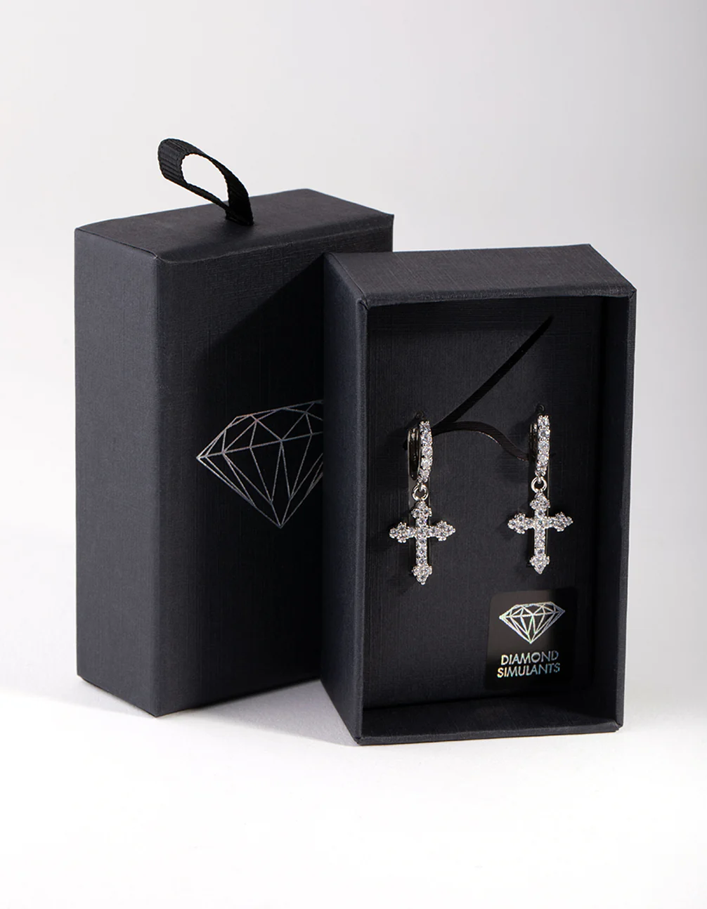 Silver Diamond Simulant Cross Huggie Earrings - Image 3
