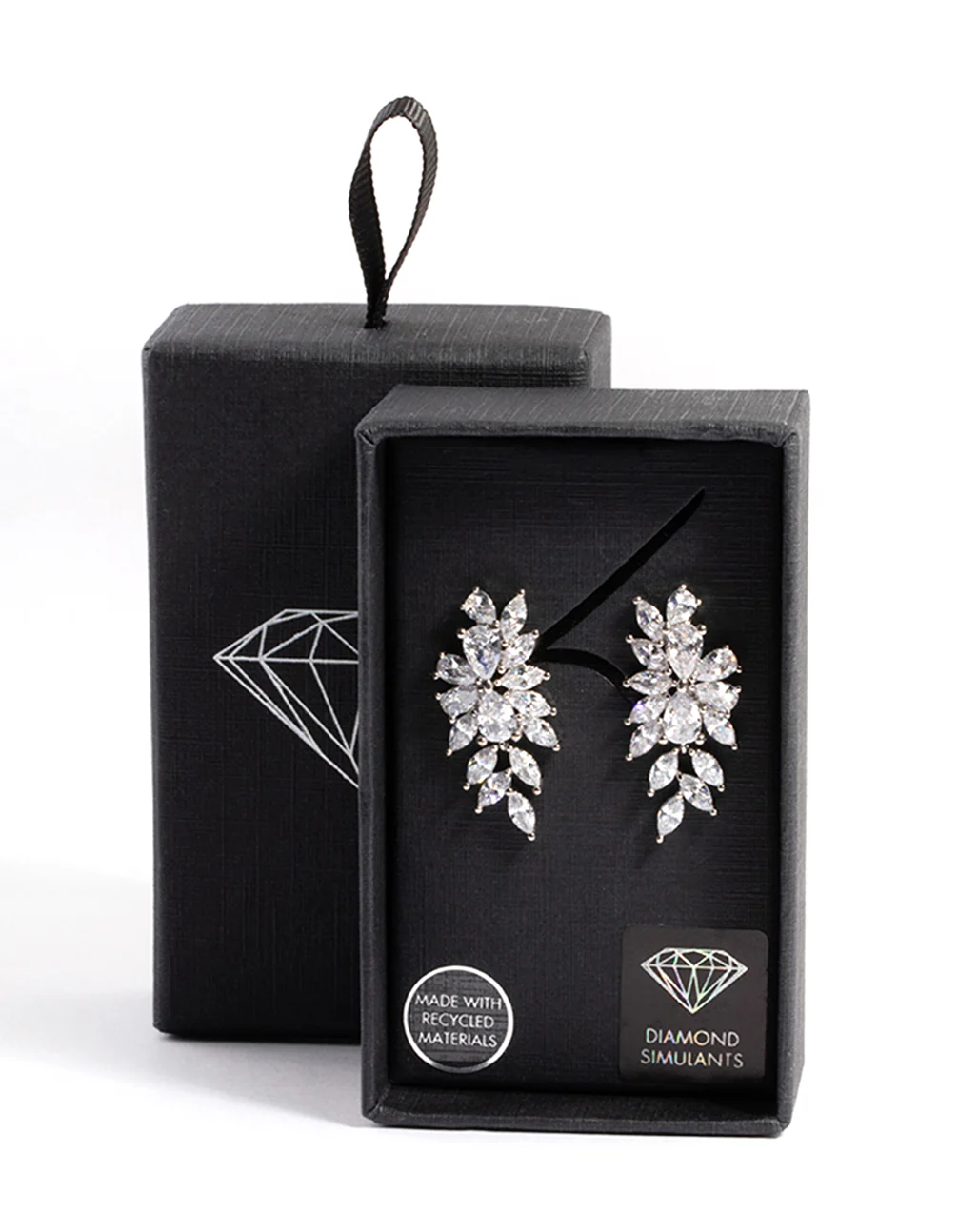 Silver Diamond Simulant Floral Drop Earrings - Image 3