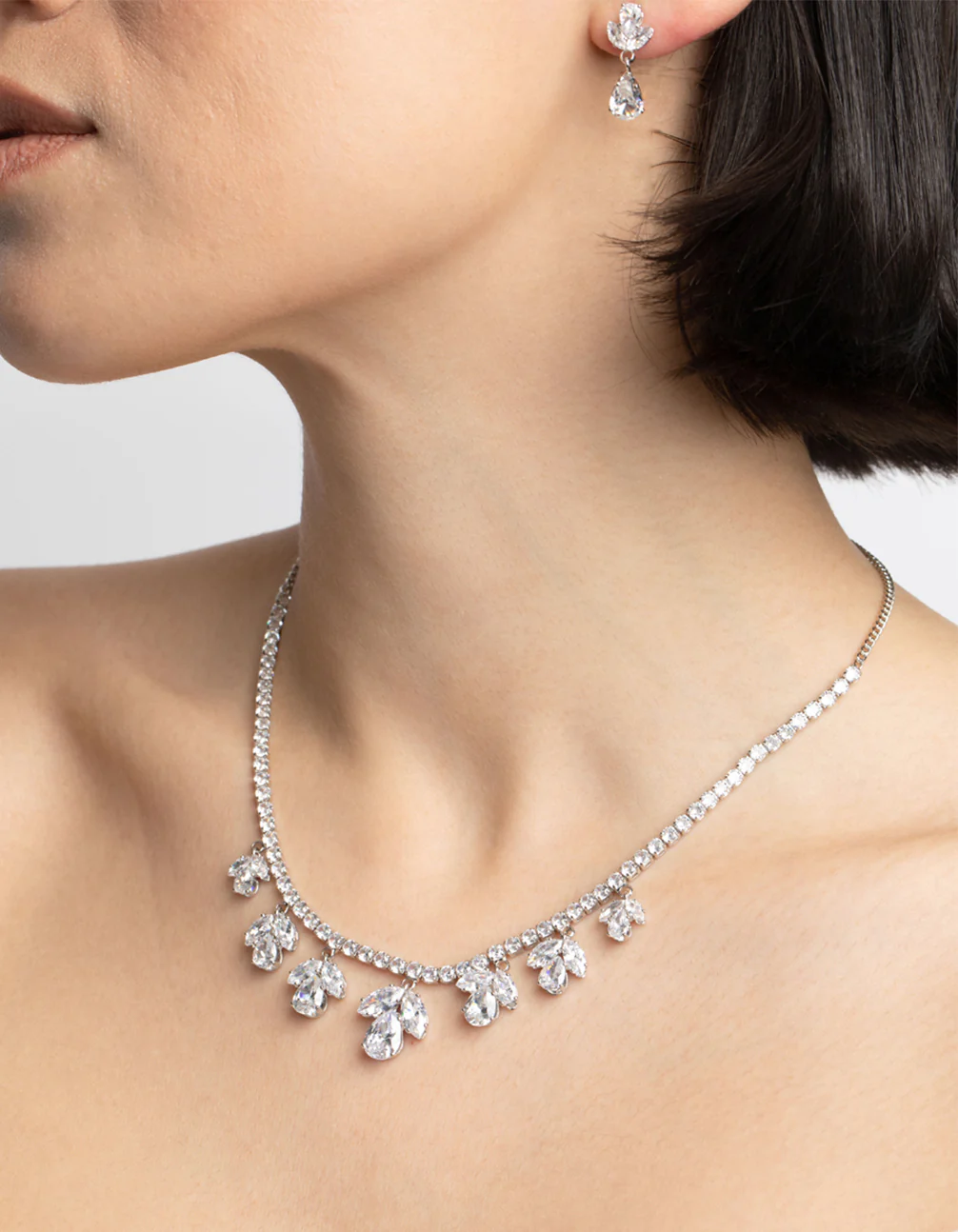Silver Diamond Simulant Flower Necklace & Earrings Set - Image 2
