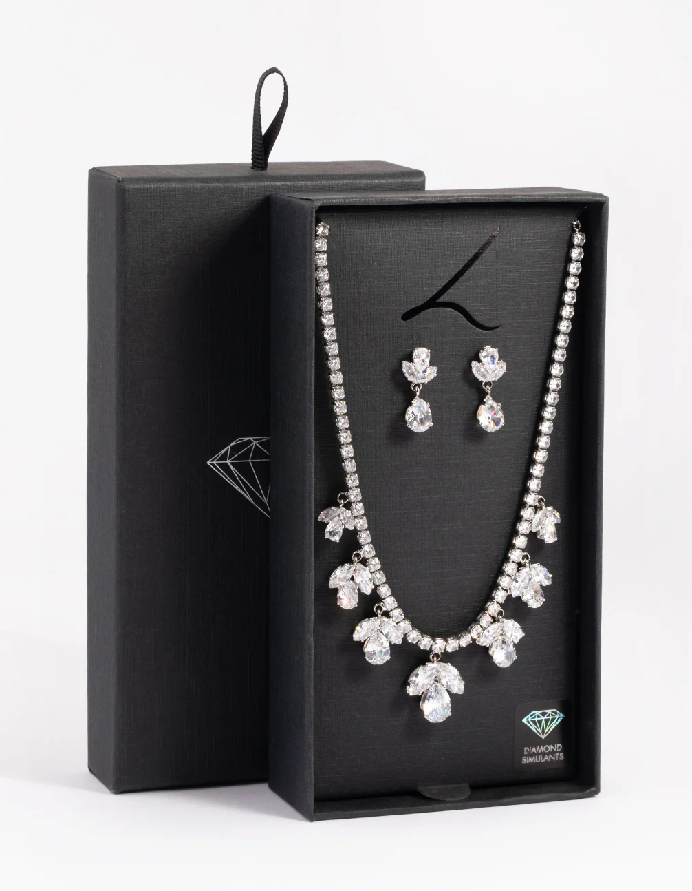 Silver Diamond Simulant Flower Necklace & Earrings Set - Image 3