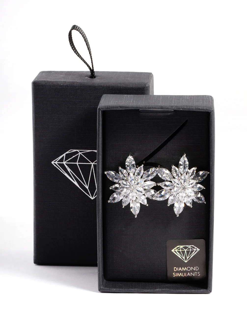 Silver Diamond Simulant Large Flower Stud Earrings - Image 3