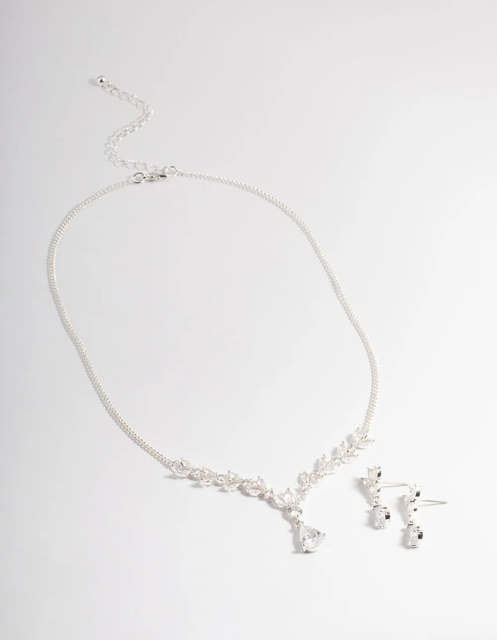Rhodium Diamond Simulant Teardrop Fan Earring & Necklace Set - Image 2