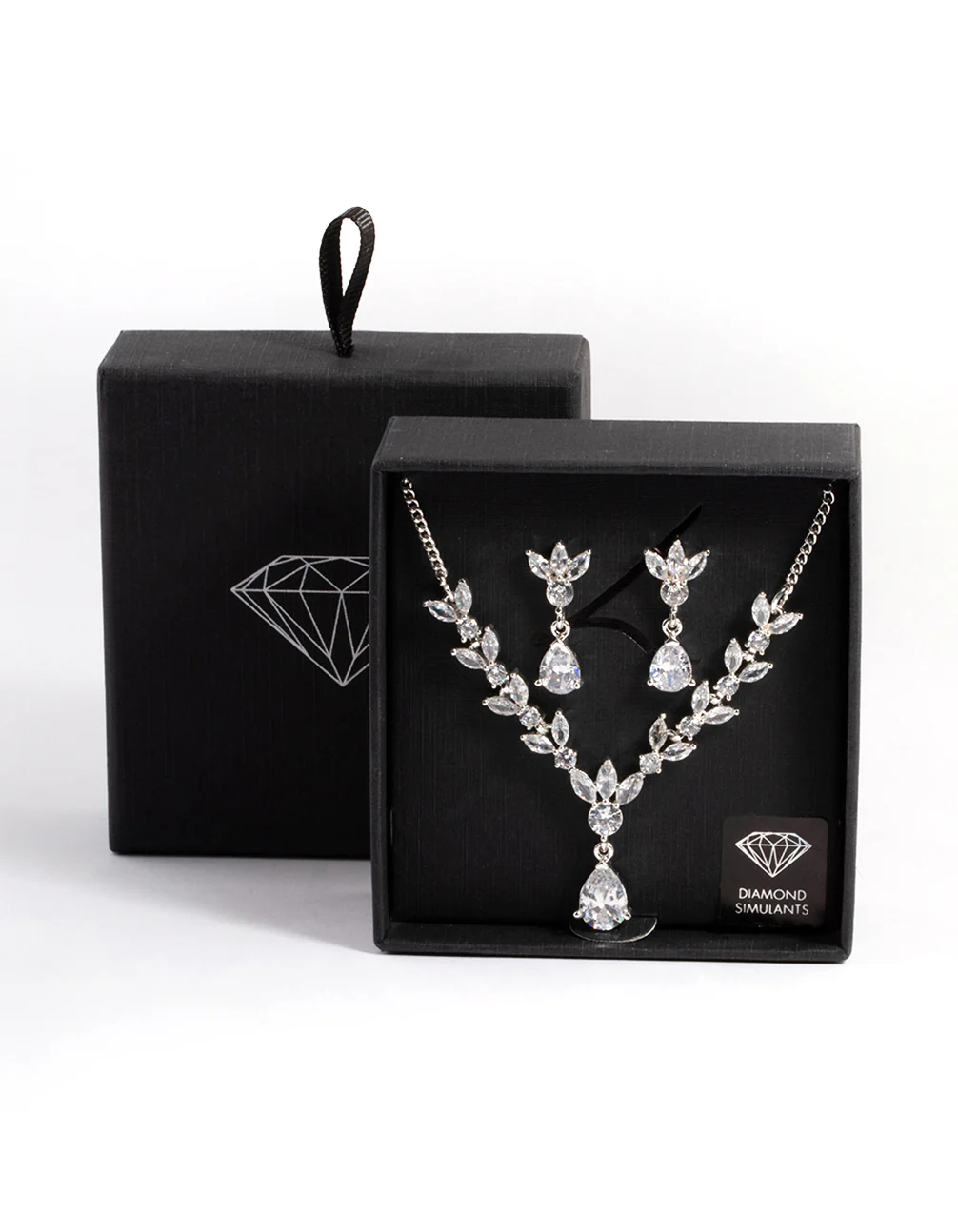 Rhodium Diamond Simulant Teardrop Fan Earring & Necklace Set - Image 3
