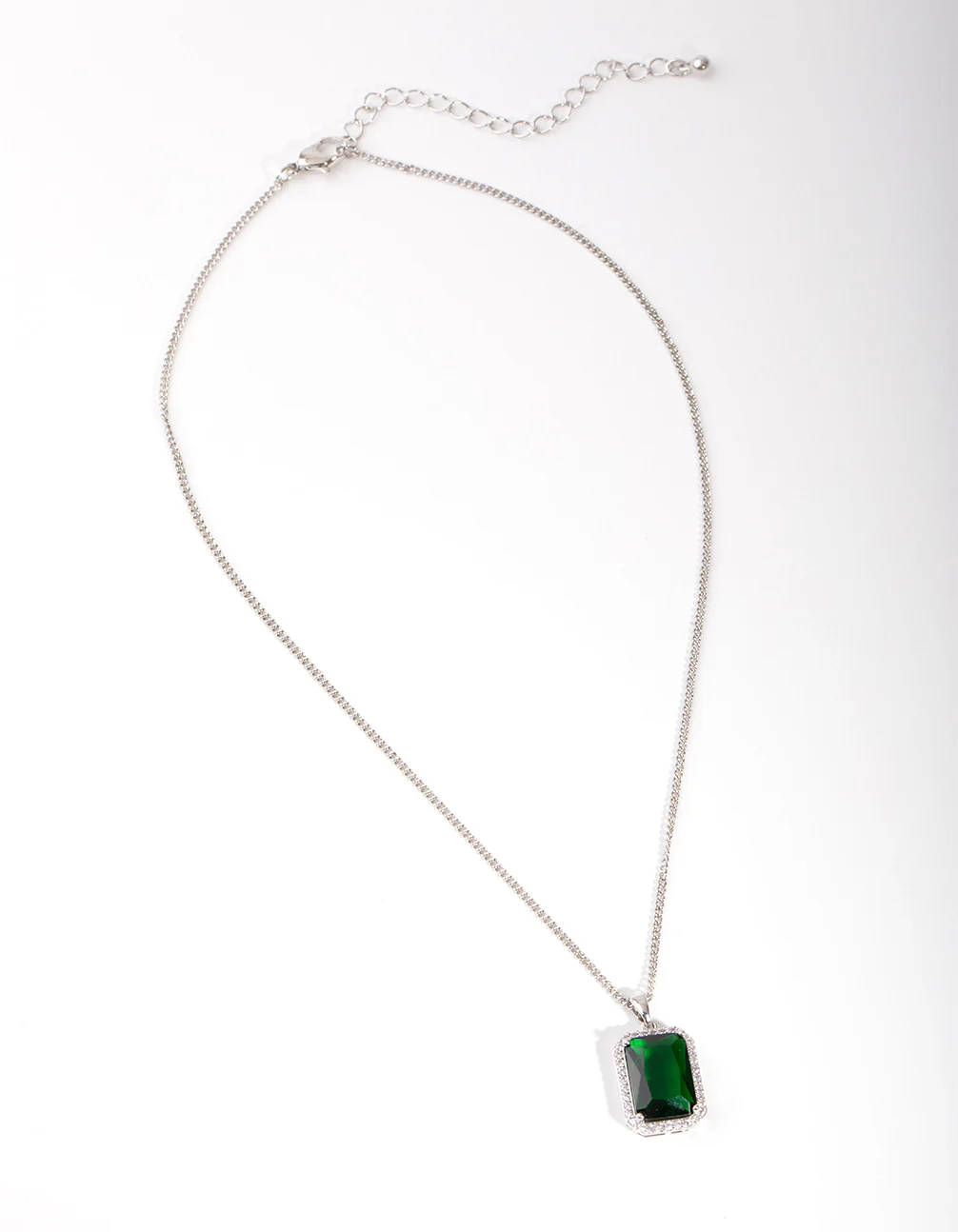 Silver Diamond Simulant Emerald Rectangle Necklace - Image 2