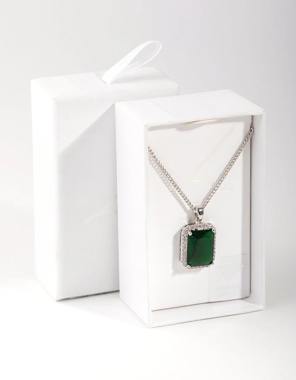 Silver Diamond Simulant Emerald Rectangle Necklace - Image 3